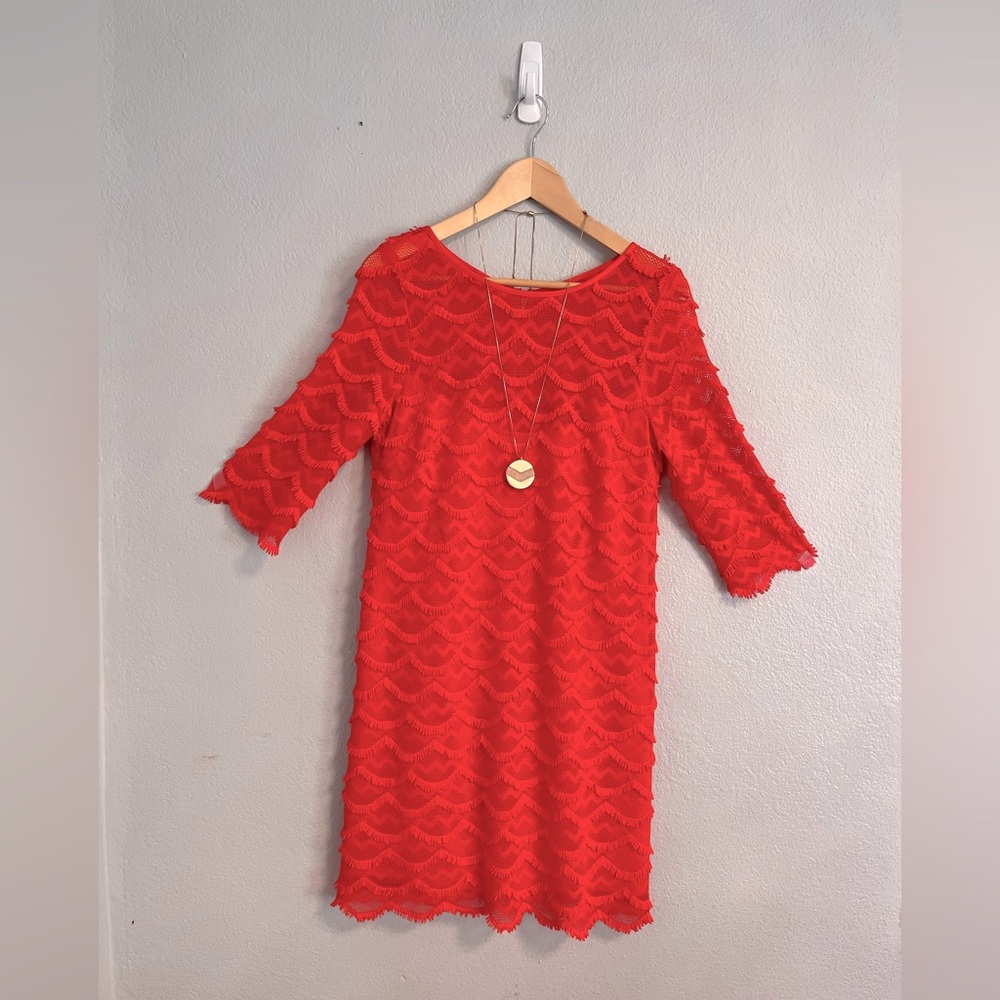 Eliza J. poppy red, 3/4 length sleeve above the knee sheath dress.